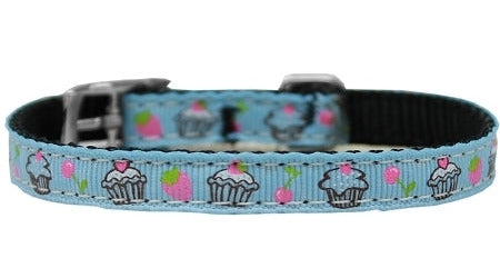 Cupcakes Nylon Dog Collar with classic buckle 3/8" Blue Size 8