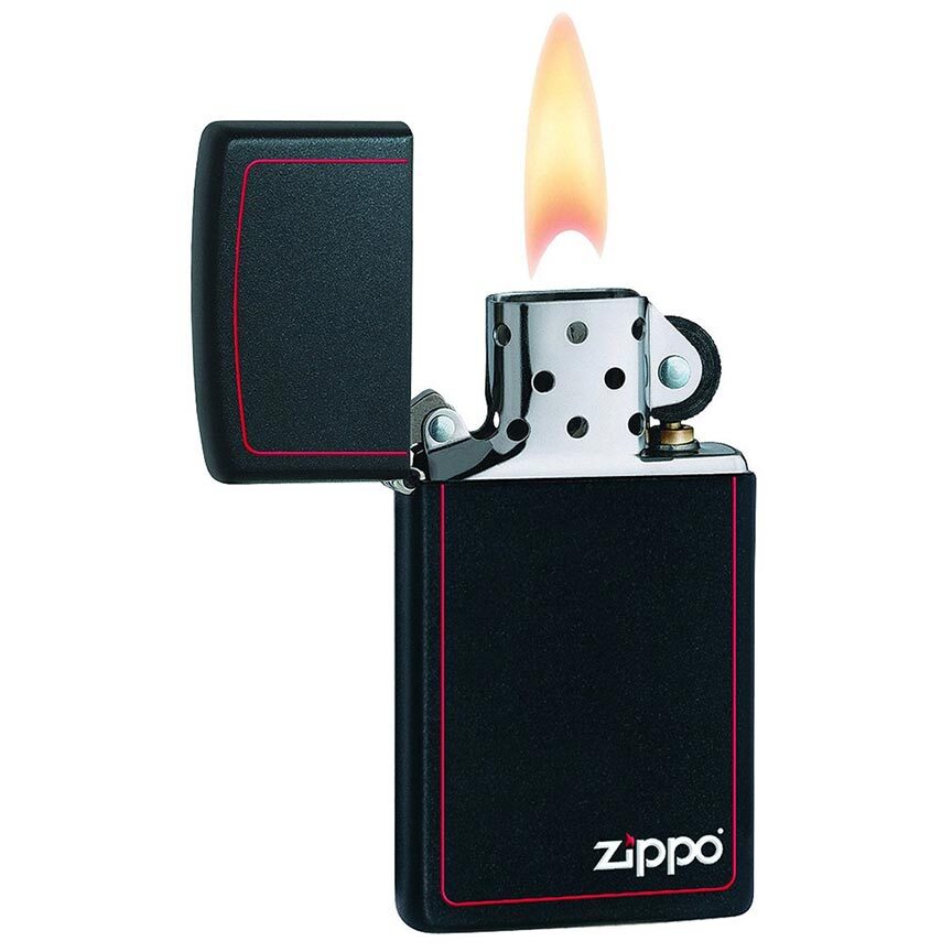 Zippo Windproof Lighter Slim Black Matte w/Zippo Logo & Red Border