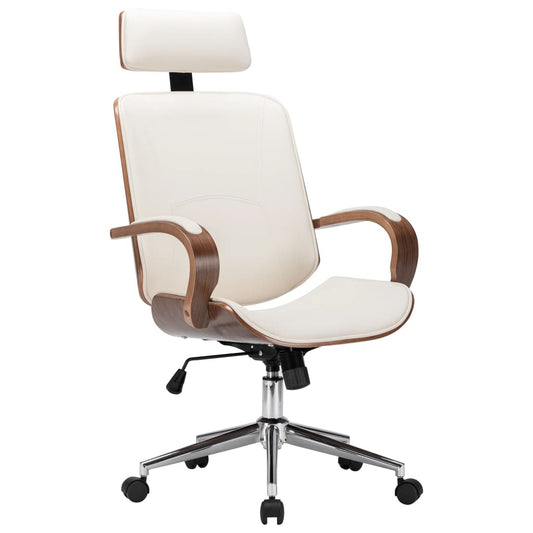 vidaXL Swivel Office Chair with Headrest Cream Faux Leather and Bentwood