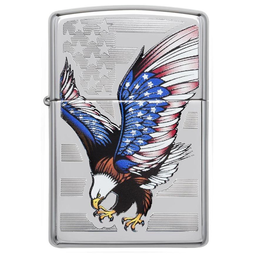 Zippo Windproof Lighter E-Star Award w/Patriotic Eagle Flag High Polish Chrome