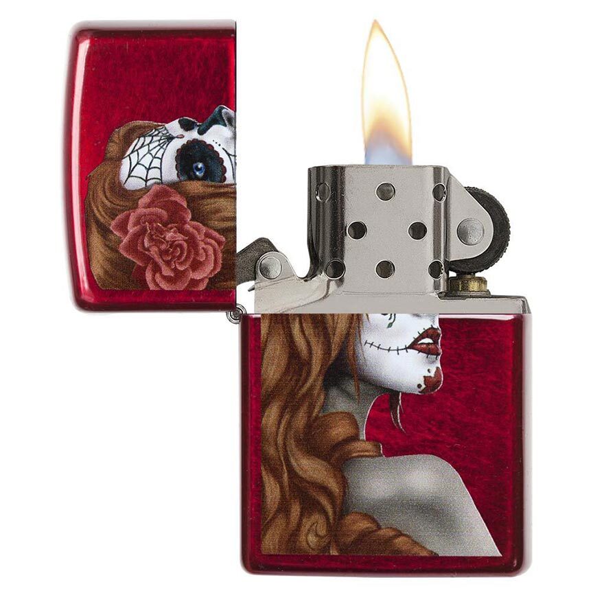 Zippo Windproof Lighter Day Of Dead Girl Candy Apple Red Translucent Finish