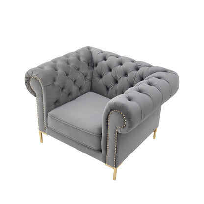 39" Gray And Gold Velvet Tufted Chesterfield Chair