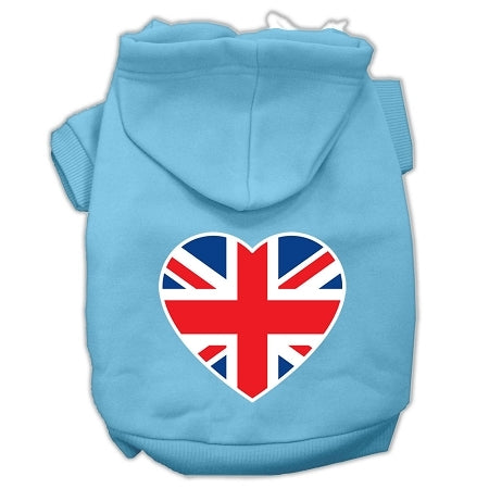British Flag Heart Screen Print Pet Hoodies Baby Blue Size XS