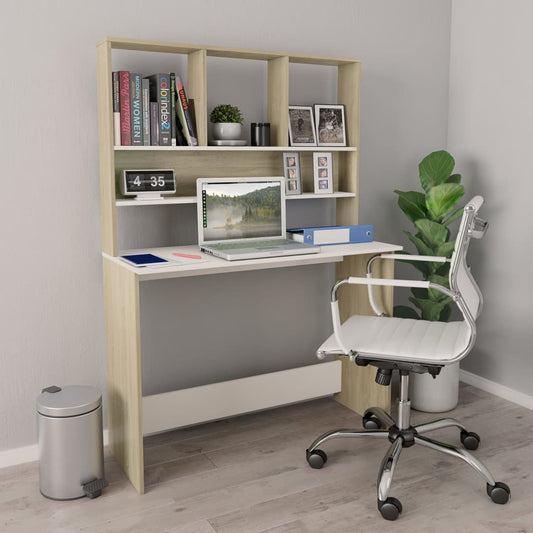 vidaXL Desk with Shelves White and Sonoma Oak 43.3"x17.7"x61.8" Engineered Wood