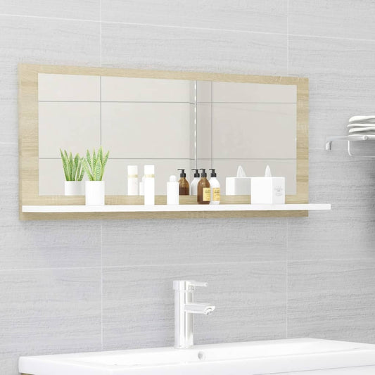 vidaXL Bathroom Mirror White and Sonoma Oak 35.4"x4.1"x14.6" Engineered Wood