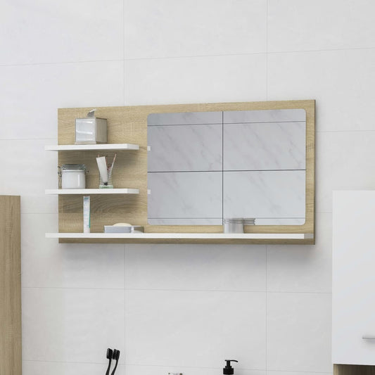 vidaXL Bathroom Mirror White and Sonoma Oak 35.4"x4.1"x17.7" Engineered Wood