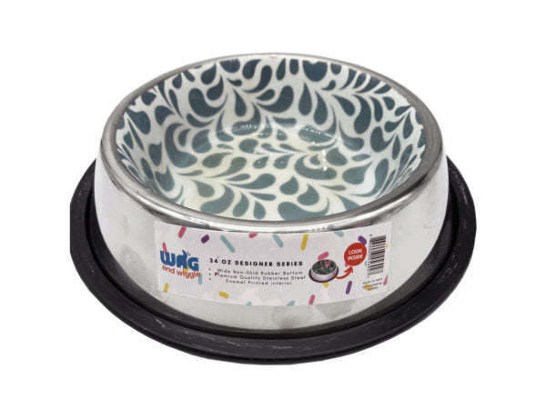 Wag and Wiggle 24oz Stainless Steel Pet Bowl with Rubber Liner and Assorted Enamel Print Interior  ( Case of 12 )