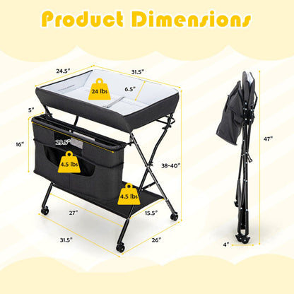 Portable Adjustable Height Newborn Nursery Organizer with Wheel-Black