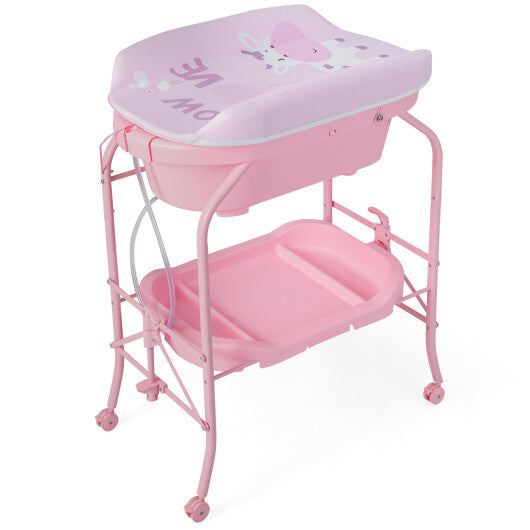 Folding Baby Changing Table with Bathtub and 4 Universal Wheels-Pink - Color: Pink