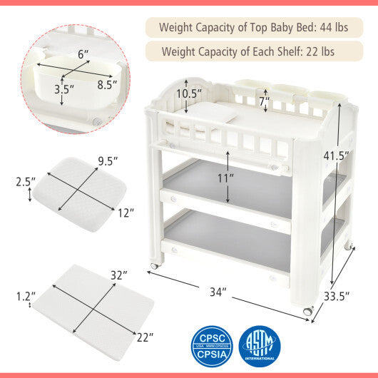 Mobile Diaper Changing Station with Storage Shelves and Boxes-Beige - Color: Beige