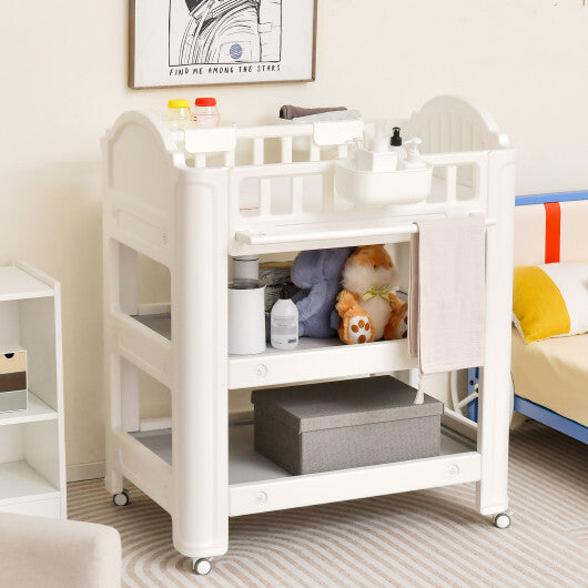 Mobile Diaper Changing Station with Storage Shelves and Boxes-Beige