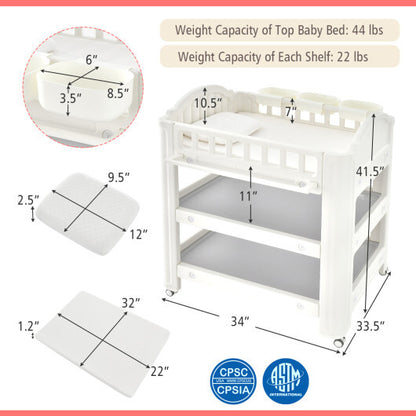 Mobile Diaper Changing Station with Storage Shelves and Boxes-Beige