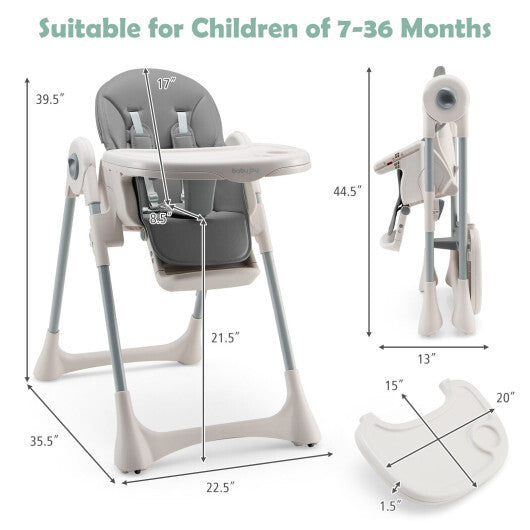 Baby Folding High Chair Dining Chair with Adjustable Height and Footrest-Gray - Color: Gray