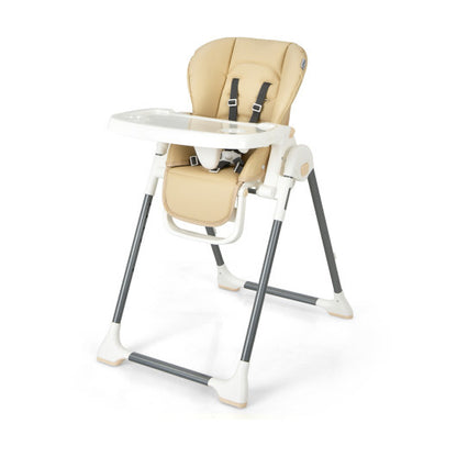 Foldable Baby High Chair with Double Removable Trays and Book Holder-Beige