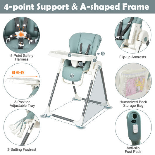 Foldable Baby High Chair with Double Removable Trays and Book Holder-Beige