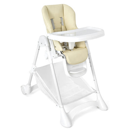 Baby Convertible Folding Adjustable High Chair with Wheel Tray Storage Basket-Beige