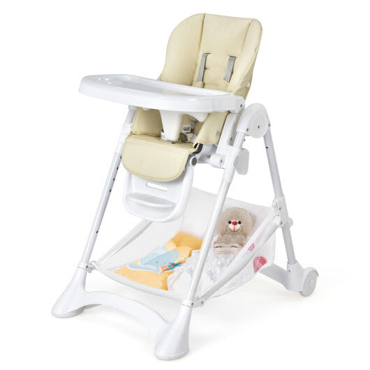 Baby Convertible Folding Adjustable High Chair with Wheel Tray Storage Basket-Beige