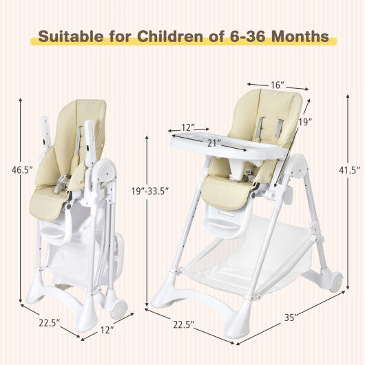 Baby Convertible Folding Adjustable High Chair with Wheel Tray Storage Basket-Beige