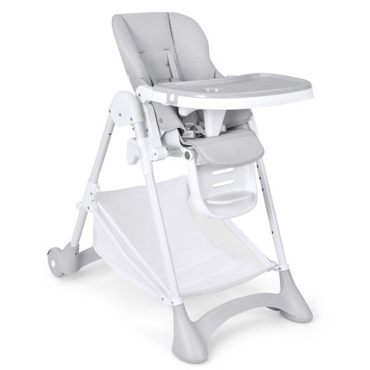 Baby Convertible Folding Adjustable High Chair with Wheel Tray Storage Basket-Beige