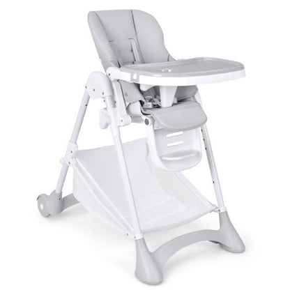 Baby Convertible Folding Adjustable High Chair with Wheel Tray Storage Basket-Beige