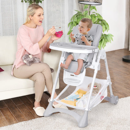 Baby Convertible Folding Adjustable High Chair with Wheel Tray Storage Basket-Beige