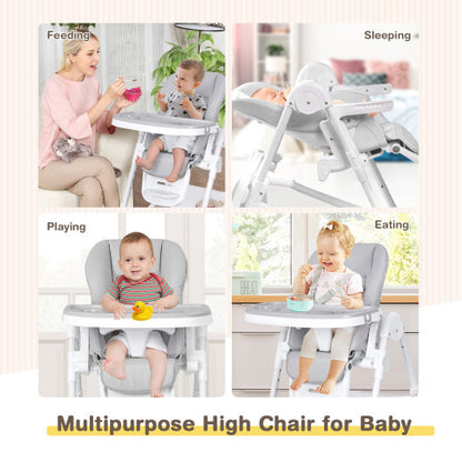 Baby Convertible Folding Adjustable High Chair with Wheel Tray Storage Basket-Beige