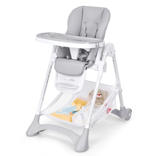 Baby Convertible Folding Adjustable High Chair with Wheel Tray Storage Basket-Beige