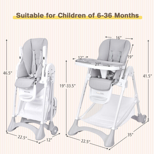 Baby Convertible Folding Adjustable High Chair with Wheel Tray Storage Basket-Beige