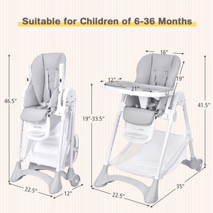 Baby Convertible Folding Adjustable High Chair with Wheel Tray Storage Basket-Beige