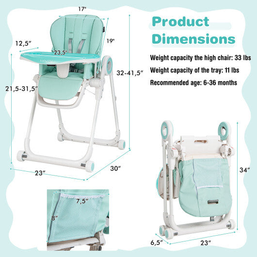 Baby High Chair Foldable Feeding Chair with 4 Lockable Wheels-Green - Color: Green