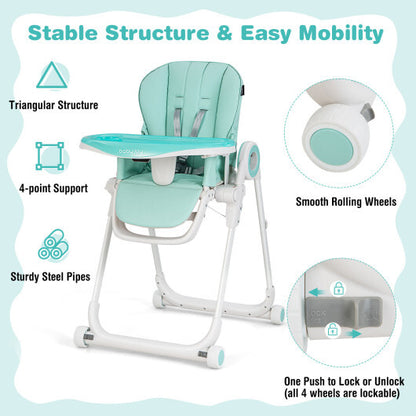 Baby High Chair Foldable Feeding Chair with 4 Lockable Wheels-Green - Color: Green