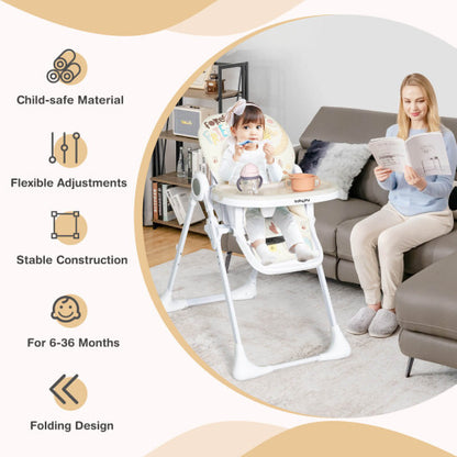 Baby High Chair Folding Feeding Chair with Multiple Recline and Height Positions-Beige