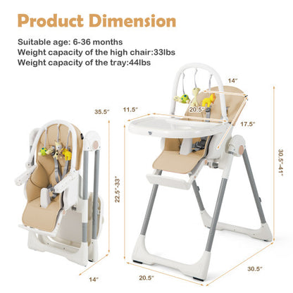 4-in-1 Foldable Baby High Chair with 7 Adjustable Heights and Free Toys Bar-Yellow - Color: Yellow