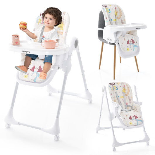 3-In-1 Convertible Highchair with Adjustable Height and 5-Point Safety Belt and Lockable Wheels-Beige - Color: Beige