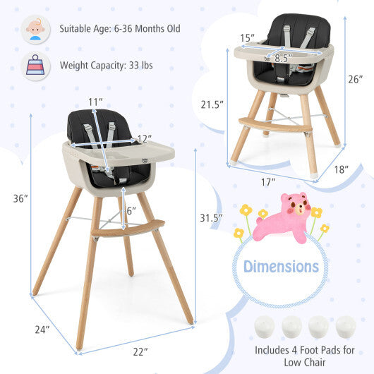 3-in-1 Convertible Wooden High Chair with Cushion-Black - Color: Black