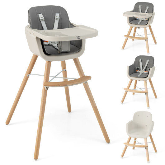 3-in-1 Convertible Wooden High Chair with Cushion-Light Gray - Color: Light Gray