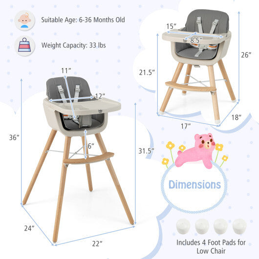 3-in-1 Convertible Wooden High Chair with Cushion-Light Gray - Color: Light Gray