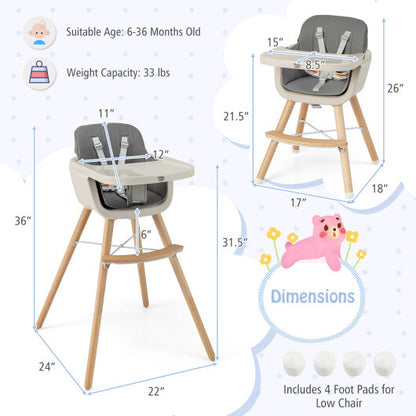 3-in-1 Convertible Wooden High Chair with Cushion-Light Gray - Color: Light Gray