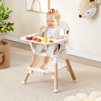 6 in 1 Convertible Highchair with Safety Harness and Removable Tray-Beige - Color: Beige