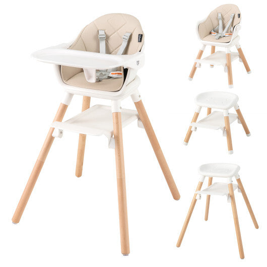 6 in 1 Convertible Highchair with Safety Harness and Removable Tray-Beige - Color: Beige