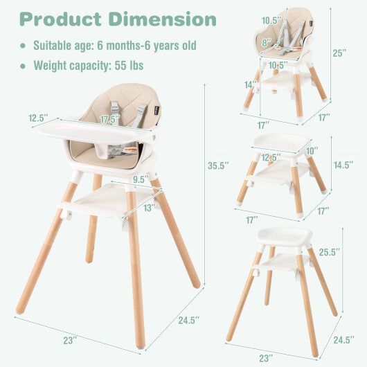 6 in 1 Convertible Highchair with Safety Harness and Removable Tray-Beige - Color: Beige