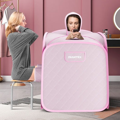 800W 2 Person Portable Steam Sauna Tent SPA with Hat Side Holes 3L Steamer-Pink - Color: Pink