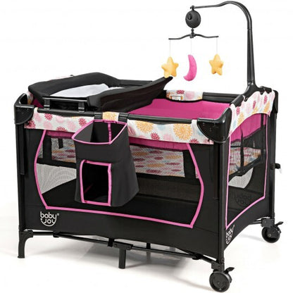 3-in-1 Convertible Portable Baby Playard with Music Box and Wheel and Brakes-Pink