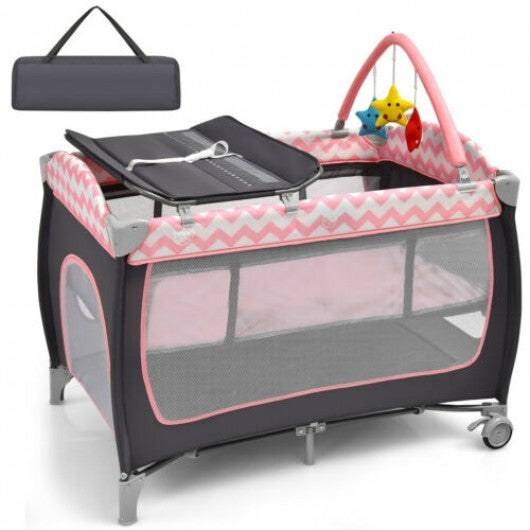 3-in-1 Portable Baby Playard with Zippered Door and Toy Bar-Pink - Color: Pink