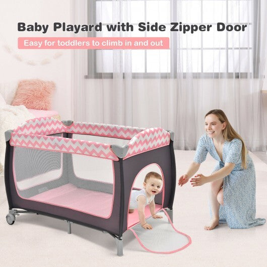 3-in-1 Portable Baby Playard with Zippered Door and Toy Bar-Pink - Color: Pink