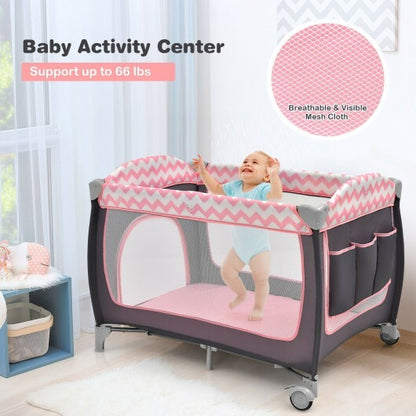 3-in-1 Portable Baby Playard with Zippered Door and Toy Bar-Pink - Color: Pink