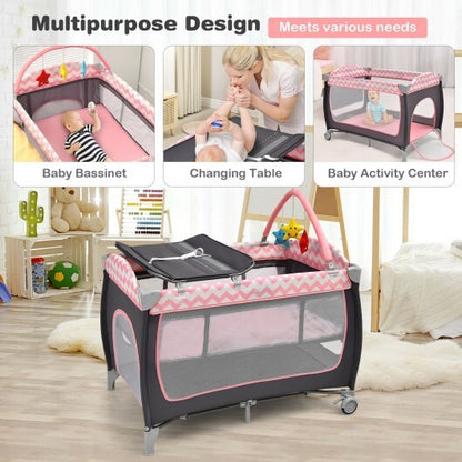 3-in-1 Portable Baby Playard with Zippered Door and Toy Bar-Pink - Color: Pink