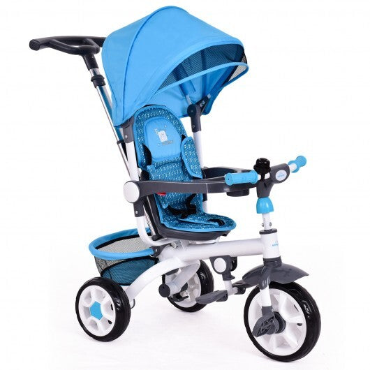 4-in-1 Detachable Baby Stroller Tricycle with Round Canopy-Blue - Color: Blue