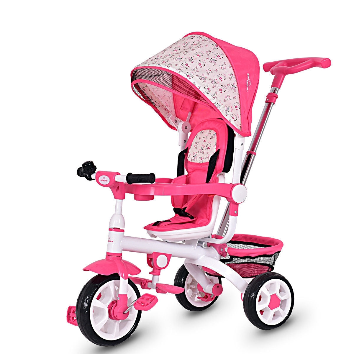 5-in-1 Detachable Baby Stroller Tricycle with Round Canopy-Pink - Color: Pink