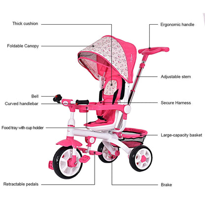 5-in-1 Detachable Baby Stroller Tricycle with Round Canopy-Pink - Color: Pink